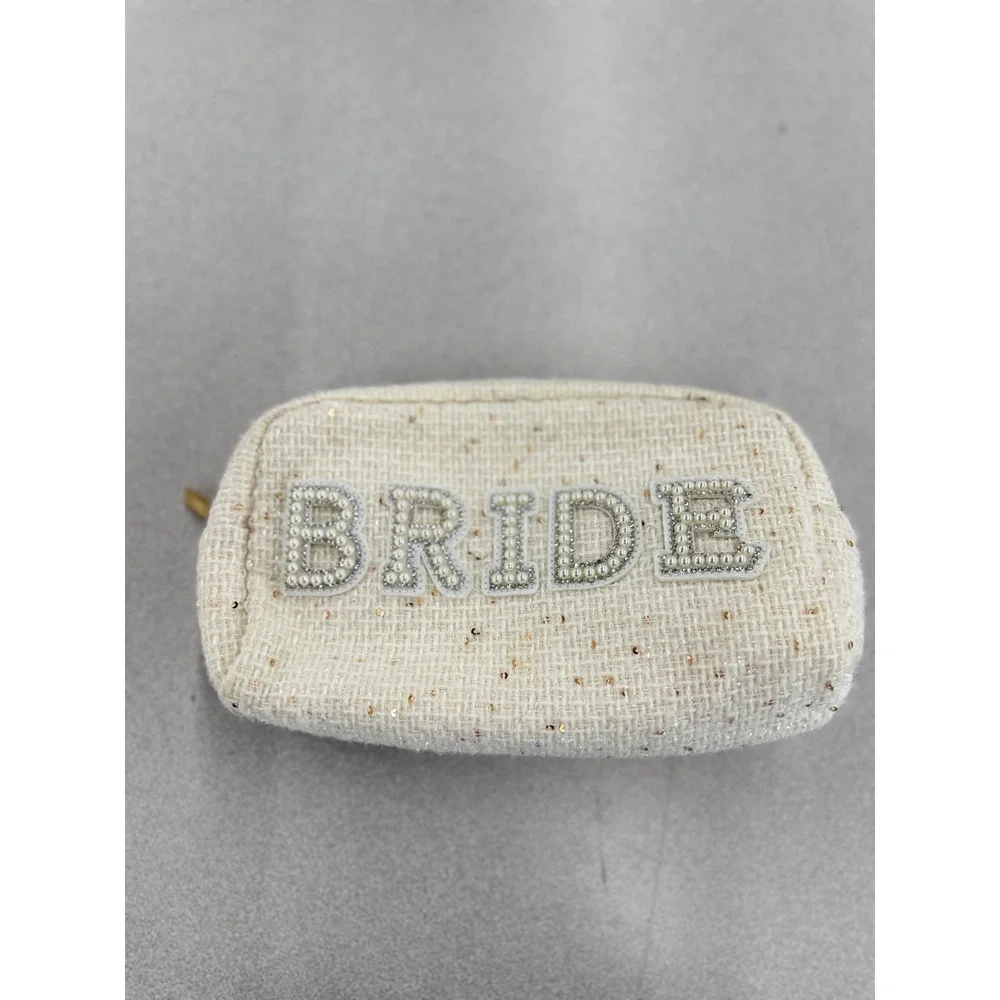 Stoney Clover Lane Gloss & Co Bride Makeup Bag Pearl Patch Ivory Tweed Pouch